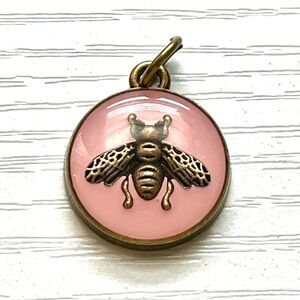 Pink Enamel Bee Charm Gold Medallion Pendant Vintage Style - zipper pull charm